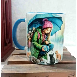 Mugs And Love Kedili Kız M.d.3. Vintage Baskı Büyük Boy Porselen Kupa