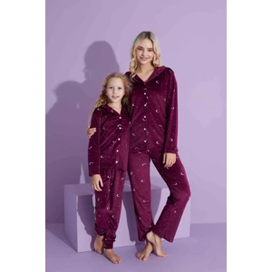 Yeni Sezon Ay Desenli Trend Model Düğmeli Kadife Anne/kız Çocuk Pijama Takımı 2800-VIŞNE Çürüğü Ay