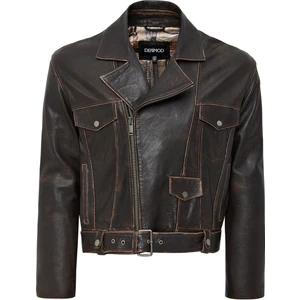 Lugano Kadın Kahverengi Vintage Biker Deri Ceket 24WGD5278VD