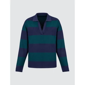 Jimmy Key Lacivert Polo Yaka Çizgi Desenli Örme Sweatshirt