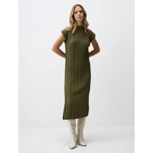 Jimmy Key Haki Sıfır Yaka Rahat Kesim Piliseli Örme Midi Elbise