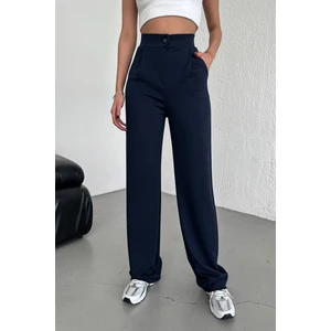 Kadın Lacivert Yüksek Bel Pileli Düğmeli Likralı Esnek Rahat Kalıp Palazzo Pantolon