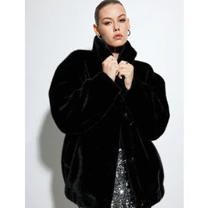 Oversize Peluş Kaban Dik Yaka Fermuarlı Cepli