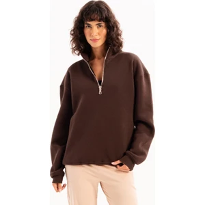Oversize Fit Dik Yaka Yarı Fermuarlı Şardonlu Acı Kahve Kadın Sweatshirt - Cass
