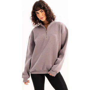 Oversize Fit Dik Yaka Yarı Fermuarlı Şardonlu Gri Kadın Sweatshirt - Cass