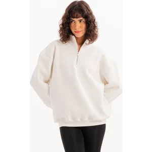 Oversize Fit Dik Yaka Yarı Fermuarlı Şardonlu Ekru Kadın Sweatshirt - Cass