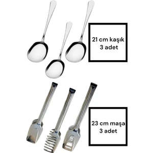 6lı Çelik Servis Maşa Seti / 3 Adet Servis Kaşığı 3 Adet Pasta-Makarna-Salata Maşası
