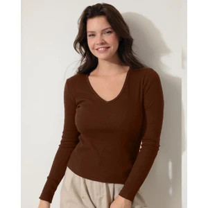 Kahverengi V Yaka Uzun Kollu Fitilli Kadın Bluz- 2427