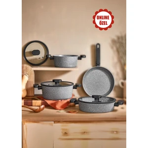 7 Parca Granit Tencere Seti (Silikon Kenarlı Cam Kapak)