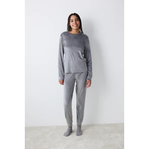 Greek Fuzzy Solid Koyu Gri Sweatshirt Pijama Üstü