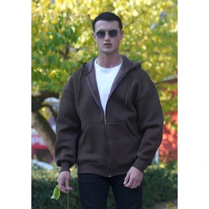 Exve Exclusive Kahverengi Basic Oversize Yumuşak Örme Kışlık Kapüşonlu Içi Polarlı 3 Iplik Fermuarlı Hırka Sweatshirt