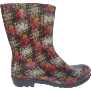 Kadın Krem-Sarı-Pembe Çiçekli 23 cm Kısa Bahçe Yağmur Çizmesi EMKK809-420