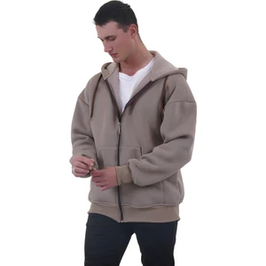 Exve Exclusive Bej Rengi Basic Oversize Yumuşak Örme Kışlık Kapüşonlu Içi Polarlı 3 Iplik Fermuarlı Hırka Sweatshirt