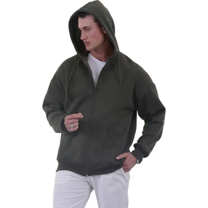 Exve Exclusive Haki Yeşil Basic Oversize Yumuşak Örme Kışlık Kapüşonlu Içi Polarlı 3 Iplik Fermuarlı Hırka Sweatshirt