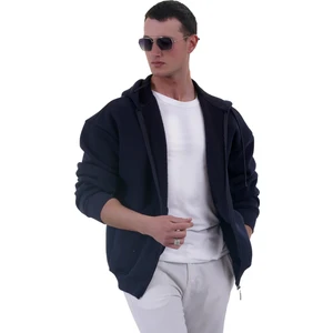 Exve Exclusive Lacivert Basic Oversize Yumuşak Örme Kışlık Kapüşonlu Içi Polarlı 3 Iplik Fermuarlı Hırka Sweatshirt