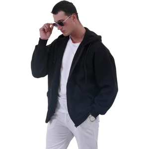 Exve Exclusive Siyah Basic Oversize Yumuşak Örme Kışlık Kapüşonlu Içi Polarlı 3 Iplik Fermuarlı Hırka Sweatshirt