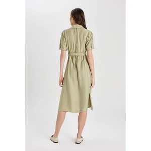 Gömlek Yaka Keten Görünümlü Kuşaklı Kısa Kollu Midi Elbise