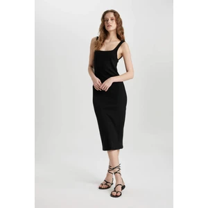 Bodycon Vücuda Oturan Basic Düz Kare Yaka Fitilli Kaşkorse Kolsuz Midi Elbise Z7577AZ24SM