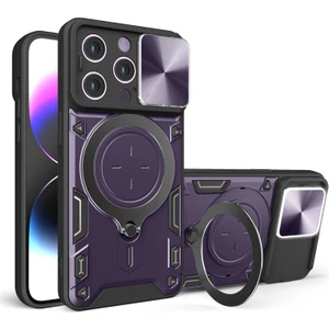 Apple iPhone 14 Pro Max Uyumlu Kılıf Zebana Manyetik Standlı Armor Silikon Kılıf Derin Mor