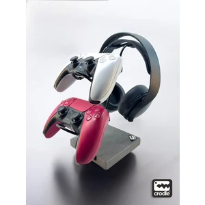 Gri Granit Ahşap Ve Siyah Metal Gaming Ps4 Ps5 Xbox Joystick Controller Tutucu Ve Kulaklık Dikey Standı