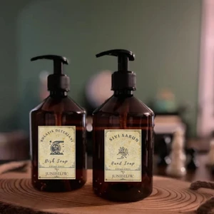 JUNİBELİW 2li Set Vintage Amber Plastik Şişe Sabunluk Bulaşık Deterjanlık Sıvı Sabunluk 2X500ML