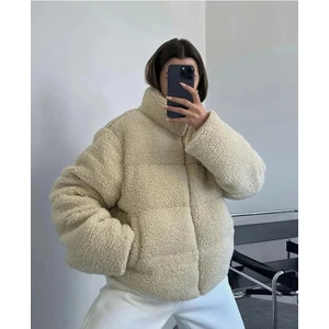 Bej Kuzu Peluş Kabartma Dolgulu Astarlı Kadın Teddy Mont