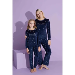 Yeni Sezon Kalp Desenli Trend Model Kadife Anne/kız Çocuk Pijama Takımı 2776-LACIVERT Kalpli