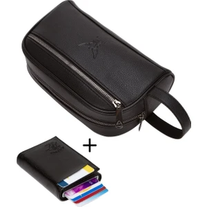 Adelina Bags Adelina Erkek El Çantası Seyahat Traş Kozmetik Siyah Çanta ve Mekanizmalı Cüzdan Set