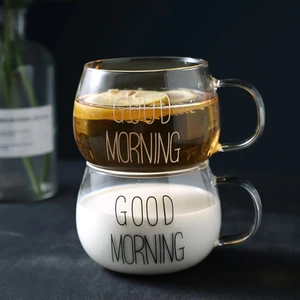 2'li Set -  Good Morning Kupa - Kulplu Borosilikat Cam Kahve Çay Fincanı -  Espresso Bardağı