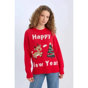 Yılbaşı Temalı Oversize Geniş Kalıp Yarım Balıkçı Yaka Triko Kazak D1121AX24CW