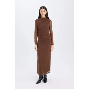 Bodycon Vücudu Saran Yarım Balıkçı Yaka Tül Uzun Kollu Maxi Elbise E3548AX24WN
