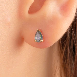 Fasek Gold Altın Küpe - 14 Ayar Altın Damla Desenli Mistik Topaz Taşlı Küpe