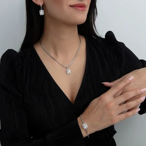 Usho Jewelry 925 Ayar Gümüş Pırlanta Modeli Italyan Zincir Dörtgen Takım, Kadın Gümüş Takım