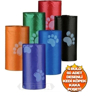 Evcil Hayvanlar Için Pati Desenli Kedi Köpek Kaka Poşeti Torbası 4 Adet Toplam 60 Adet