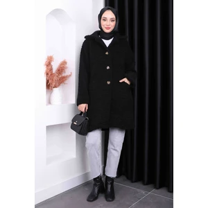 Siyah Düğmeli Angora Peluş Kaban