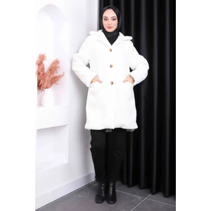 Ekru Düğmeli Angora Peluş Kaban