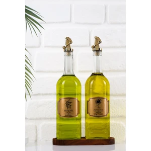 Moss 2\'li Ahşap Stantlı Damlatmaz Zeytinyağı Sıvıyağ Şişesi Cam Yağdanlık Seti 1000 ml