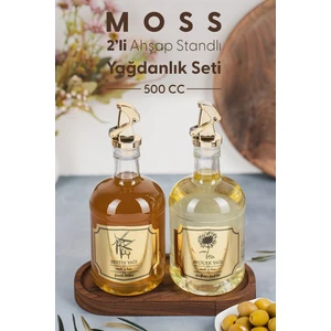 Moss 2\'li Ahşap Stantlı Damlatmaz Zeytinyağı Sıvıyağ Şişesi Cam Yağdanlık Seti 500 ml