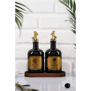 Moss 2'li Ahşap Standlı Damlatmaz Zeytinyağı Sıvıyağ Şişesi Cam Yağdanlık Seti 500 ml Siyah
