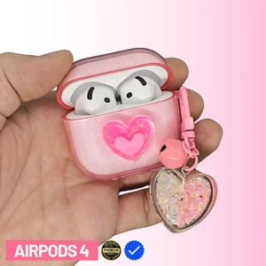 4. Nesil Uyumlu Simli Şeffaf Pembe 3D Kalpli Çan Anahtarlık Kancalı Premium Kulaklık Kılıfı