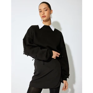 Uzun Kollu Bisiklet Yaka Sallantılı Taş Detaylı Oversize Sweatshirt