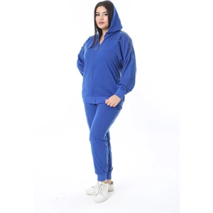 Kadın Büyük Beden Saks Ön Fermuarlı Taş Detaylı Kapşonlu Sweatshirt Pantolon Ikili Takım 26A28091