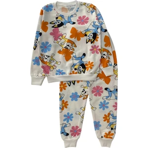 Kız Çocuk Iki Iplik Pamuklu Şardonlu Beyaz Bluey Desenli Uzun Kollu Pijama Takımı