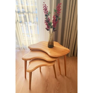 Faw Decor Asimetrik Naturel Masif Doğal Ahşap Zigon Sehpa 3'lü Set