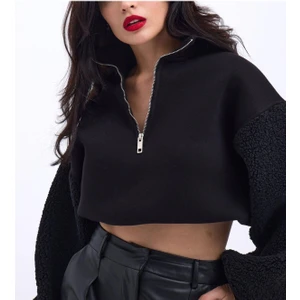 Fashion Cocktail Peluş Tiftik Kollu Kalın Kışlık Sıcacık Bel Lastikli Kısa Krop Sweat