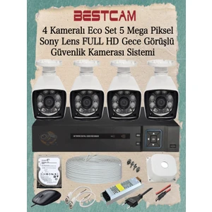 4 Kameralı Eco Set 5 Mega Piksel Sony Lensli Full Hd Gece Görüşlü Güvenlik Kamerası Sistemi 250 GB HDD