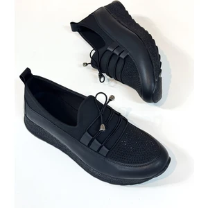 BA04151 Siyah  Kadın Lastikli Bağcıksız Taşlı Büyük Numara Günlük Spor Ayakkabı