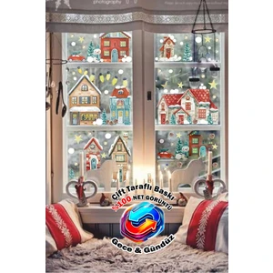 Çift Taraflı Baskılı Yılbaşı Karlı Şehir Karlı Evler Yeni Yıl Yılbaşı Süsü Yılbaşı Cam Sticker Seti