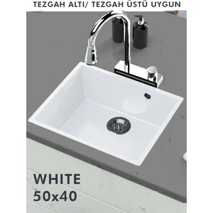 Hena Surface Granit Eviye Tek Gözlü Beyaz 50  x  40 Evye Kuvars Tezgah Altına Uygun