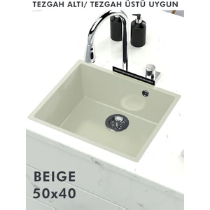 Hena Surface Granit Eviye Tek Gözlü Bej 50X40 Evye Kuvars Tezgah Altına Uygun